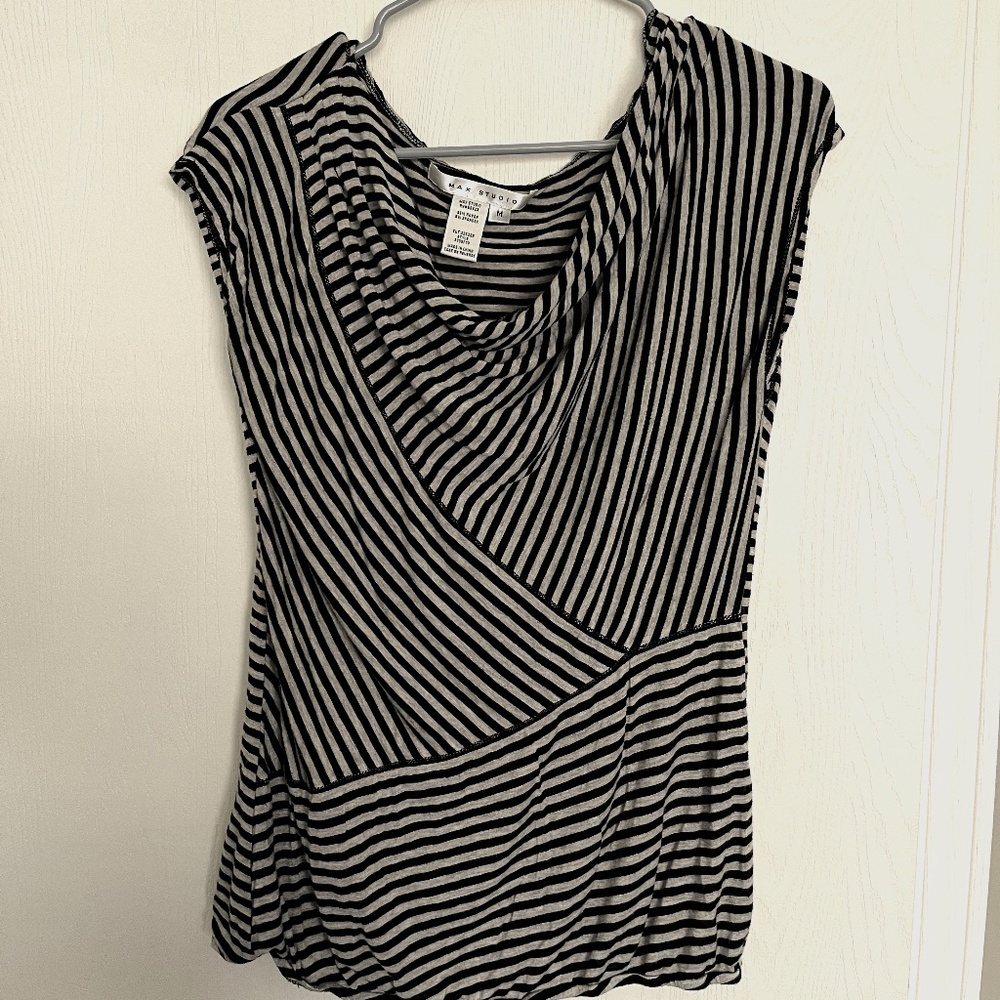 Max Studio Tan Black Striped Asymmetrical Top Medium
